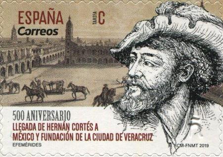 Timbre: 500 ans arriv&eacute;e de Hernan Cort&egrave;s au Mexique