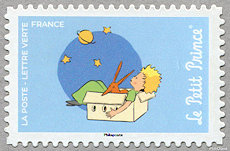 Timbre: Petit Prince et renard dans un carton regardant le ciel